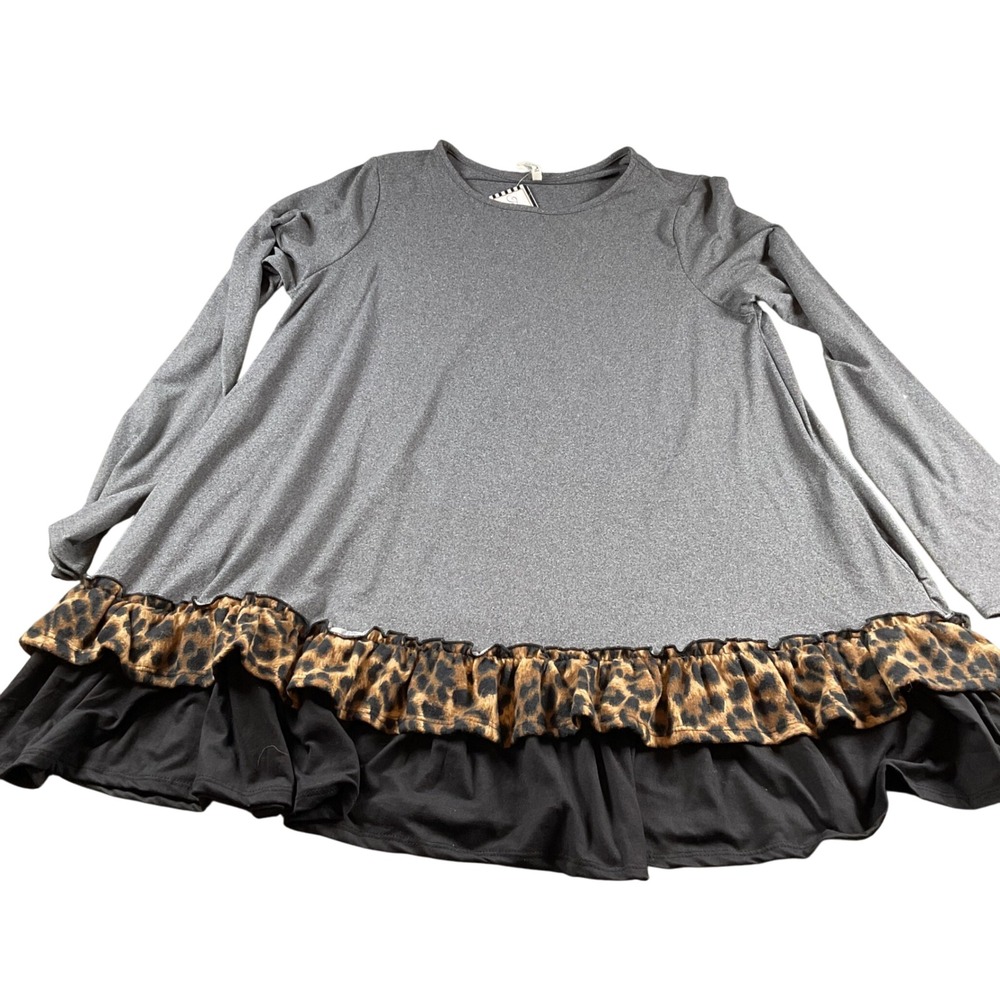 Beeson River Leopard Ruffle Tiered Long Sleeve Gray Tunic Top XL